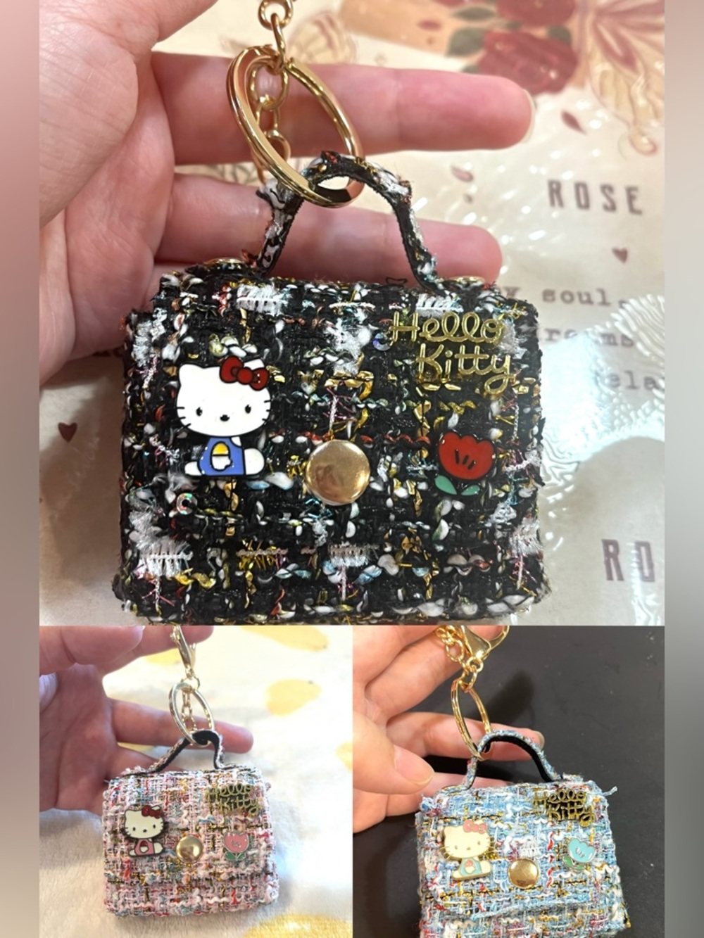 3 Hello Kitty Tweed Mini Purse Charm Keyring